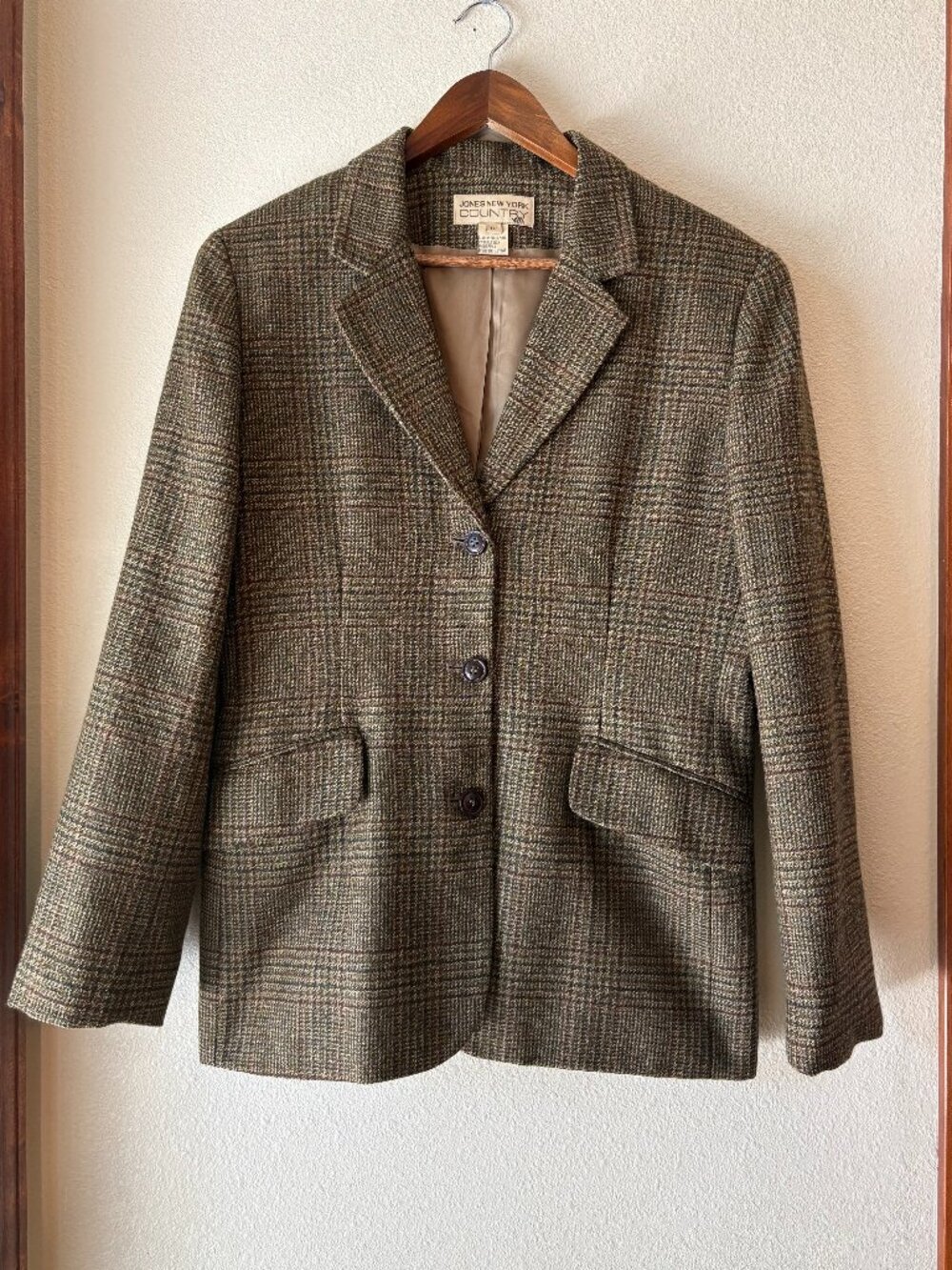 Vintage Jones New York 100% Wool Houndstooth Plaid Blazer Functional Pockets 12